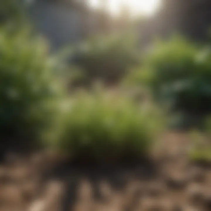 A vibrant garden bed with weeds prominently growing among healthy plants.