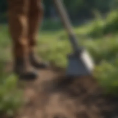 A gardener using a hoe to cultivate the soil and remove weeds.