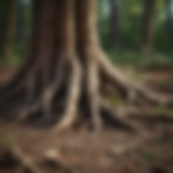 Close-up of damaged tree roots with environmental context