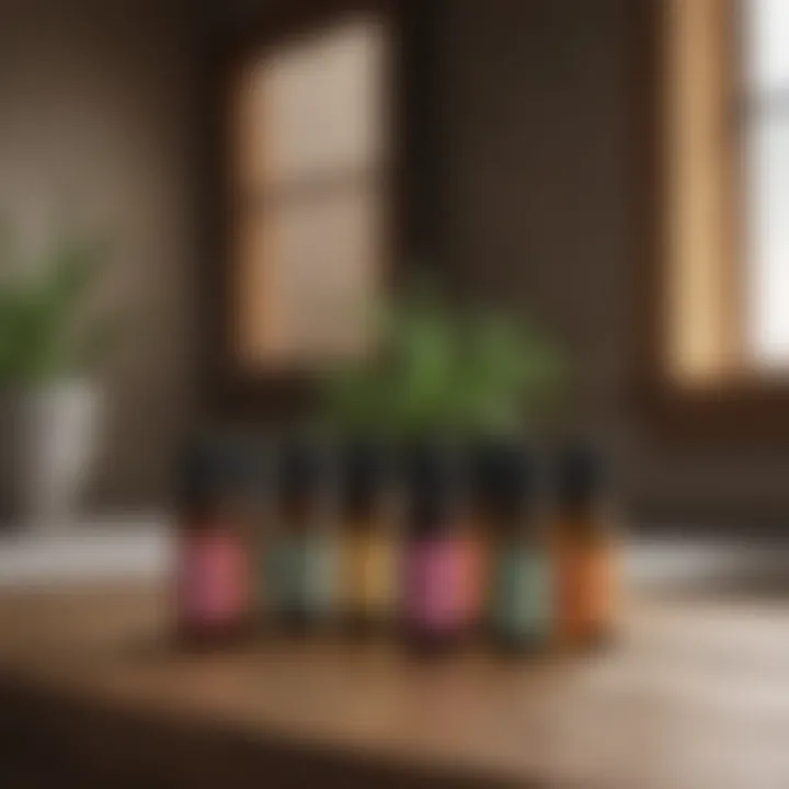 A selection of essential oils displayed on a wooden surface