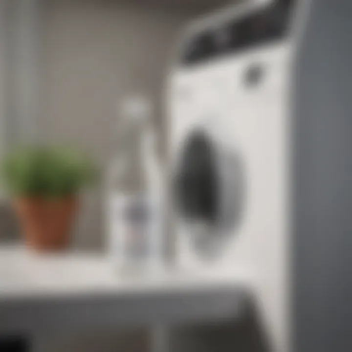 A bottle of white vinegar placed next to a washing machine
