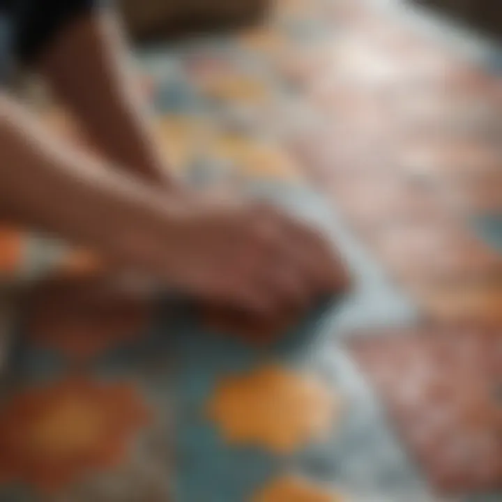 Close-up of a craftsman working with encaustic tiles, highlighting the craftsmanship involved.