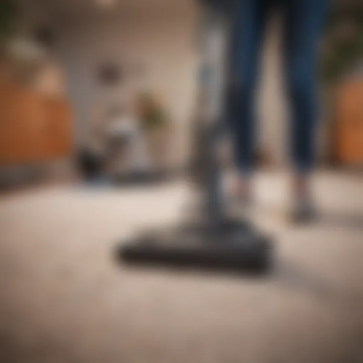 A person using a vacuum cleaner on a carpeted floor