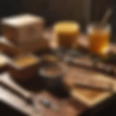 A selection of essential beekeeping tools laid out on a table.