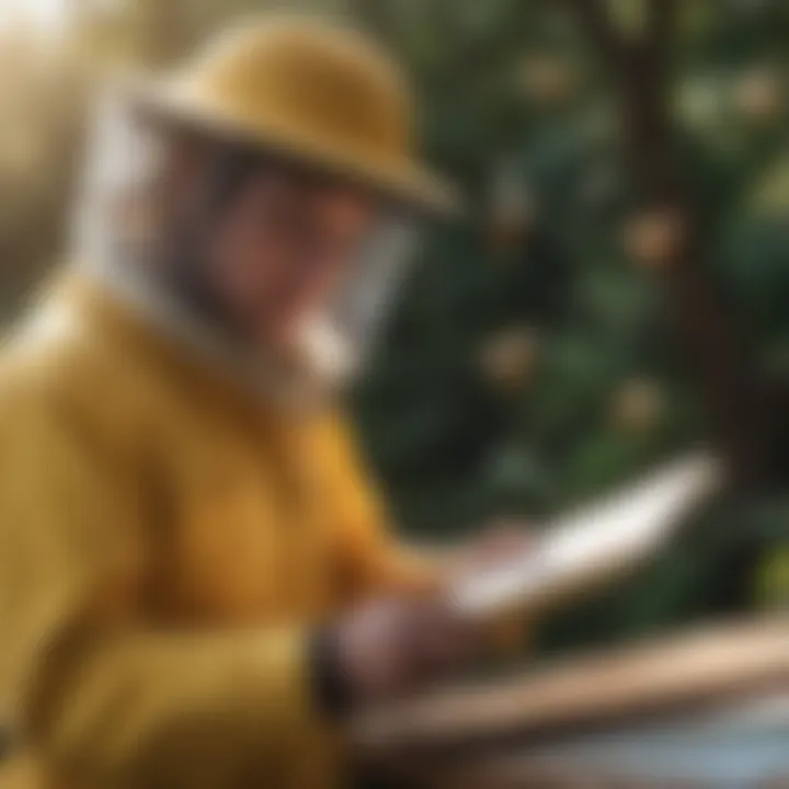 A beekeeper reviewing legal documents related to apiculture.