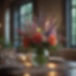 Elegant floral arrangement in a glass vase on a dining table