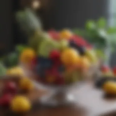 A vibrant fruit arrangement as a centerpiece, showcasing fresh seasonal fruits in a bowl.