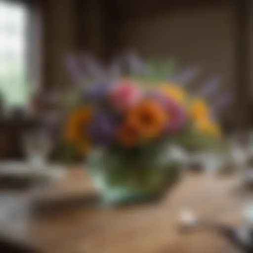 A beautifully arranged rustic floral centerpiece featuring wildflowers in a glass vase.