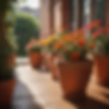 Terracotta Beauty: Vibrance in Arrangement Colorful terracotta flower pots arranged on a balcony