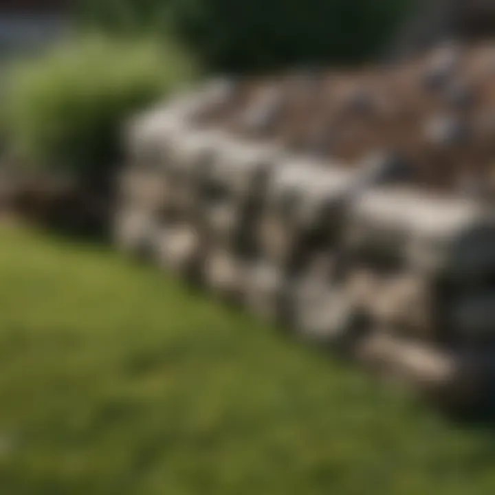 Close-up of a DIY lawn edging installation with stones