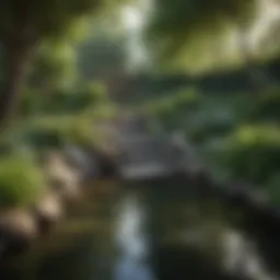 A tranquil pond surrounded by lush greenery, creating a serene atmosphere in a backyard.