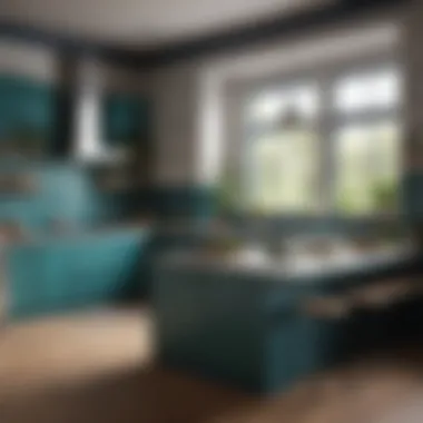 A well-designed kitchen showcasing a blend of blue and green decor elements