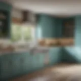 A serene kitchen featuring soft blue cabinets and green accents