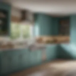 A serene kitchen featuring soft blue cabinets and green accents