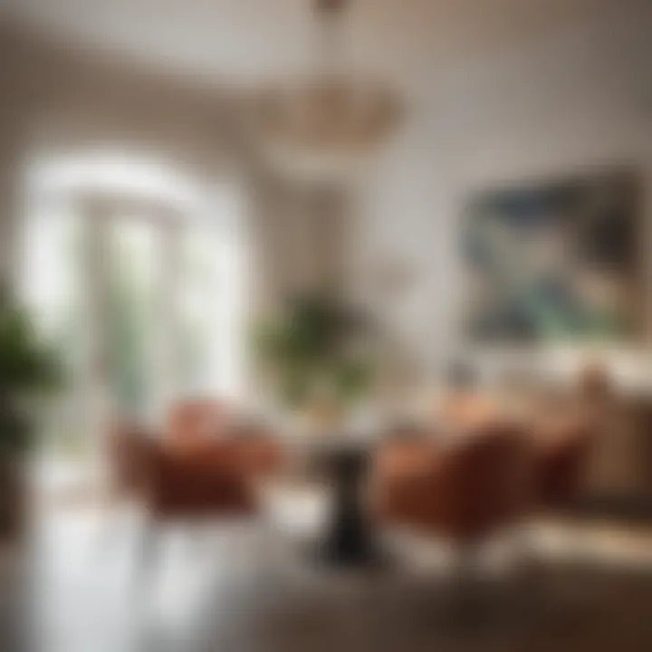 Bright dining room featuring innovative lighting and artistic decor elements