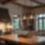 Rustic pendant light illuminating a kitchen island