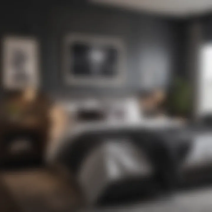 Cozy bedroom featuring dark gray accent wall with warm textures