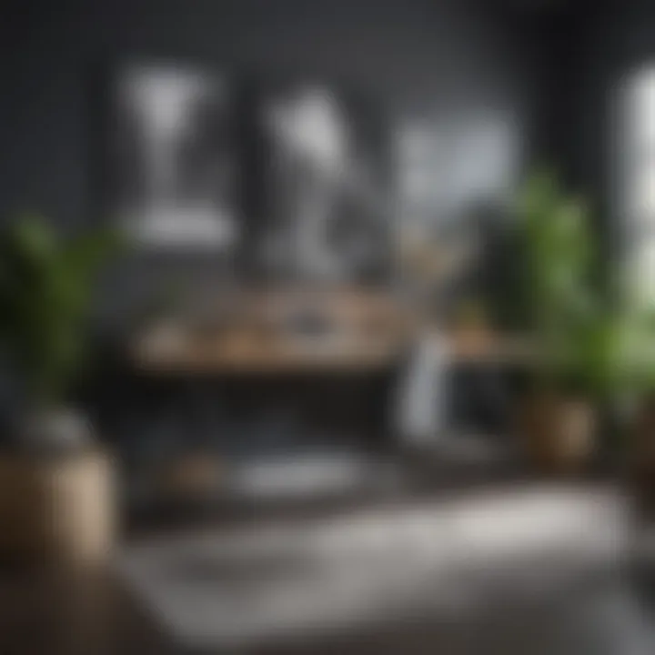 Eclectic workspace featuring dark gray accent wall and complementary furnishings