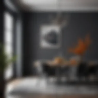 Dining Area Highlighting Dark Gray with Vibrant Accents Stylish dining area showcasing dark gray accent wall paired with vibrant decor