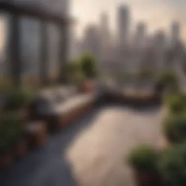 Open-Air Rooftop Deck with City Views Open-air rooftop deck with panoramic city views and stylish decor