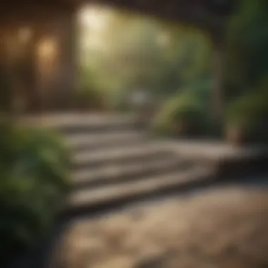 Rustic Stone Deck in Natural Surroundings Rustic stone deck surrounded by lush greenery and charming lighting