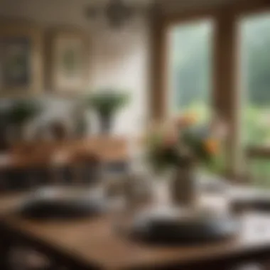 Cozy dining area showcasing vintage tableware and floral accents