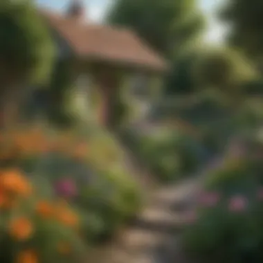 A vibrant cottage garden bursting with colorful flowers and lush greenery