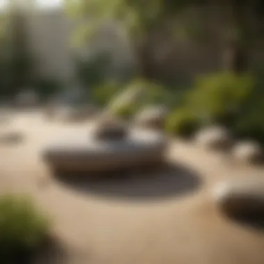 A tranquil Zen garden featuring rocks, sand, and minimalistic elements for meditation