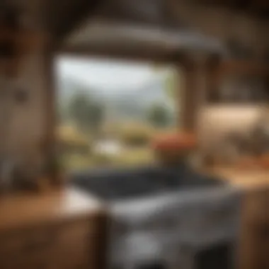 Nature's Touch in Rustic Kitchen Interiors Rustic kitchen showcasing a scenic landscape mural behind the stove