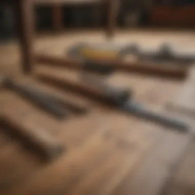 Tools and materials for installing Old English wood floors laid out on a workbench