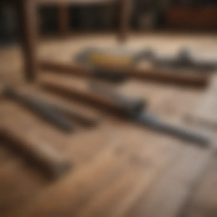 Tools and materials for installing Old English wood floors laid out on a workbench