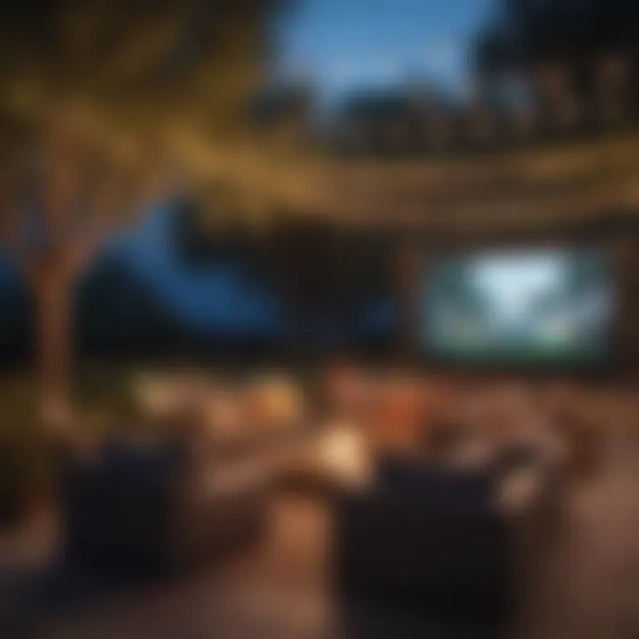 An enchanting outdoor movie screening with cozy seating and festive lighting, ideal for a birthday party.