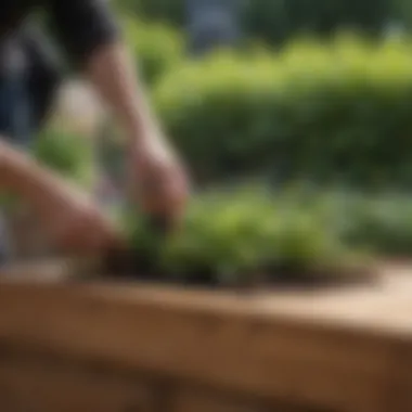 Application of stain on a wooden raised garden bed