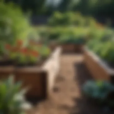 Healthy plants thriving in stained raised garden beds