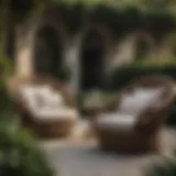 Elegant wicker outdoor seating arrangement in a serene garden setting