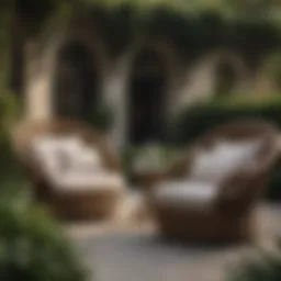 Elegant wicker outdoor seating arrangement in a serene garden setting