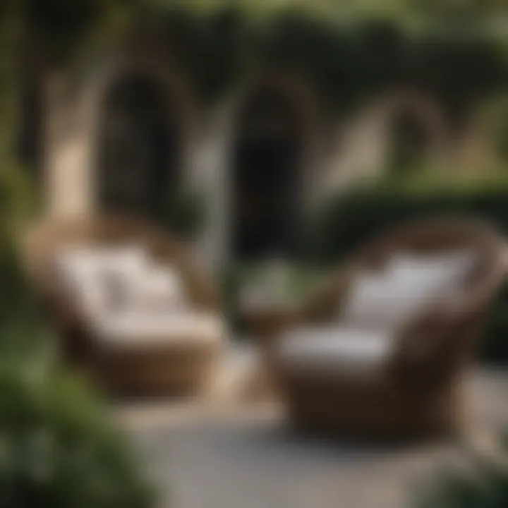 Elegant wicker outdoor seating arrangement in a serene garden setting