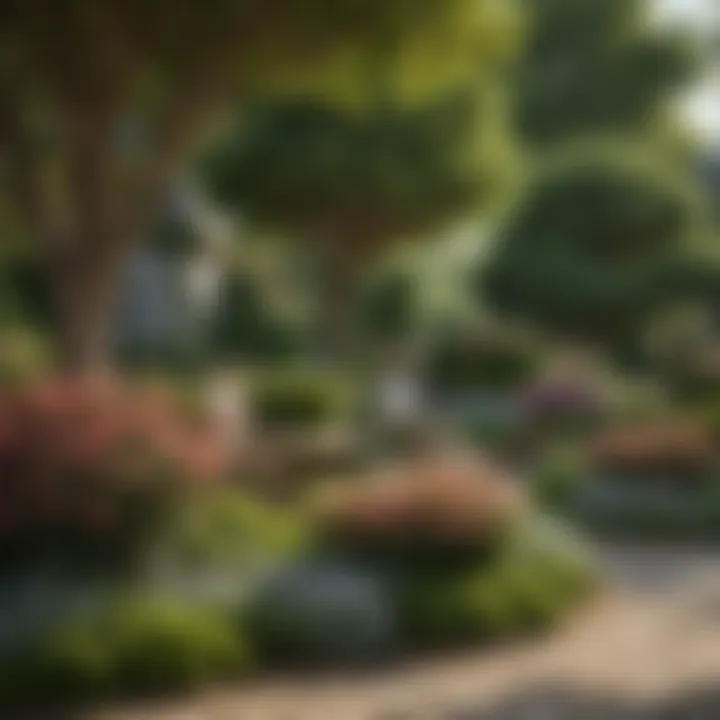An inviting garden scene featuring various small flowering trees, harmoniously arranged with ornamental shrubs and flowers.
