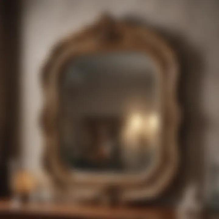 Close-up of a vintage mirror detailing its craftsmanship and allure in a cozy setting.