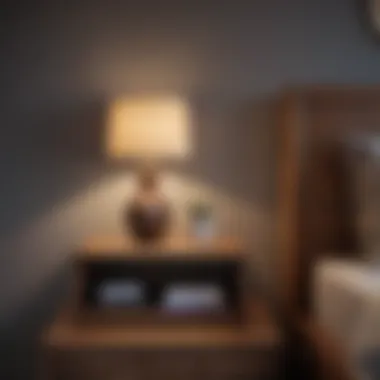 Sophisticated Wooden Bedside Table Design Elegant wooden bedside table with a modern lamp and decorative items