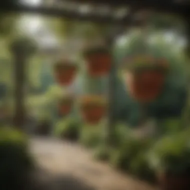 Hanging Planters in a Vibrant Garden An array of hanging planters displayed in a lush garden setting.