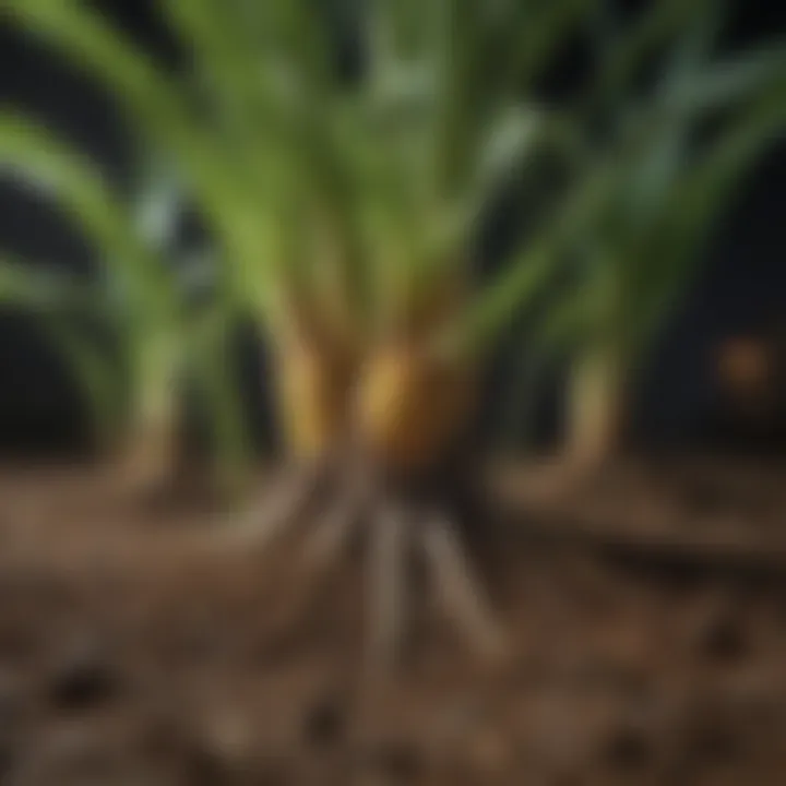 Close-up of corn plant roots in potting soil