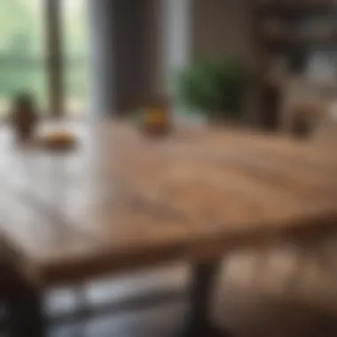 Close-up view of a reclaimed wood dining table