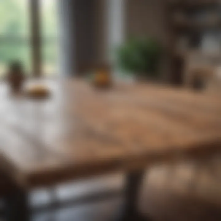 Close-up view of a reclaimed wood dining table