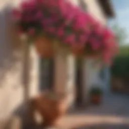 A vibrant display of cascading bougainvillea in a hanging basket