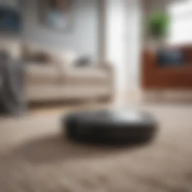 A powerful robotic vacuum navigating through a contemporary living room with carpet.