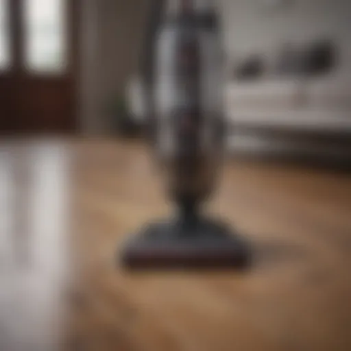 A sleek upright vacuum cleaner positioned on a beautifully designed hardwood floor.