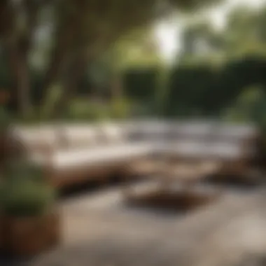 Acacia Wood Sectional in Nature Elegant acacia wood sectional in a lush garden setting