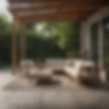 Stylish outdoor patio with acacia wood furniture and decorative cushions