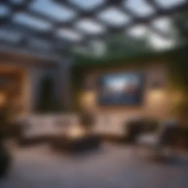 Elegant patio setup showcasing a large outdoor television with quality sound.